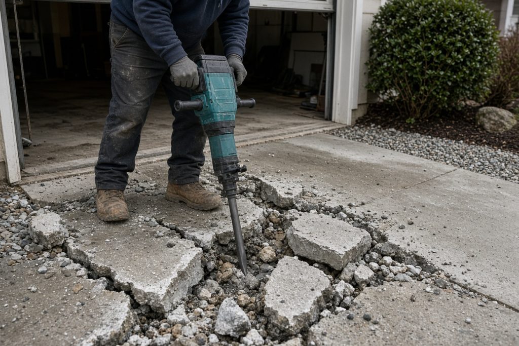 Crew breaking a failed garage apron with a jackhammer — Concrete Demolition in South Haven