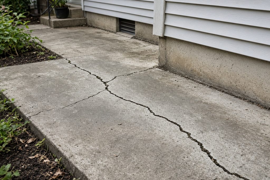 Cracked patio slab beside an older house — Concrete Demolition in South Haven