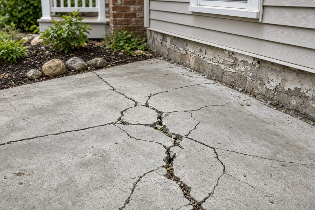 Cracked patio slab beside an older house — Concrete Demolition in South Haven