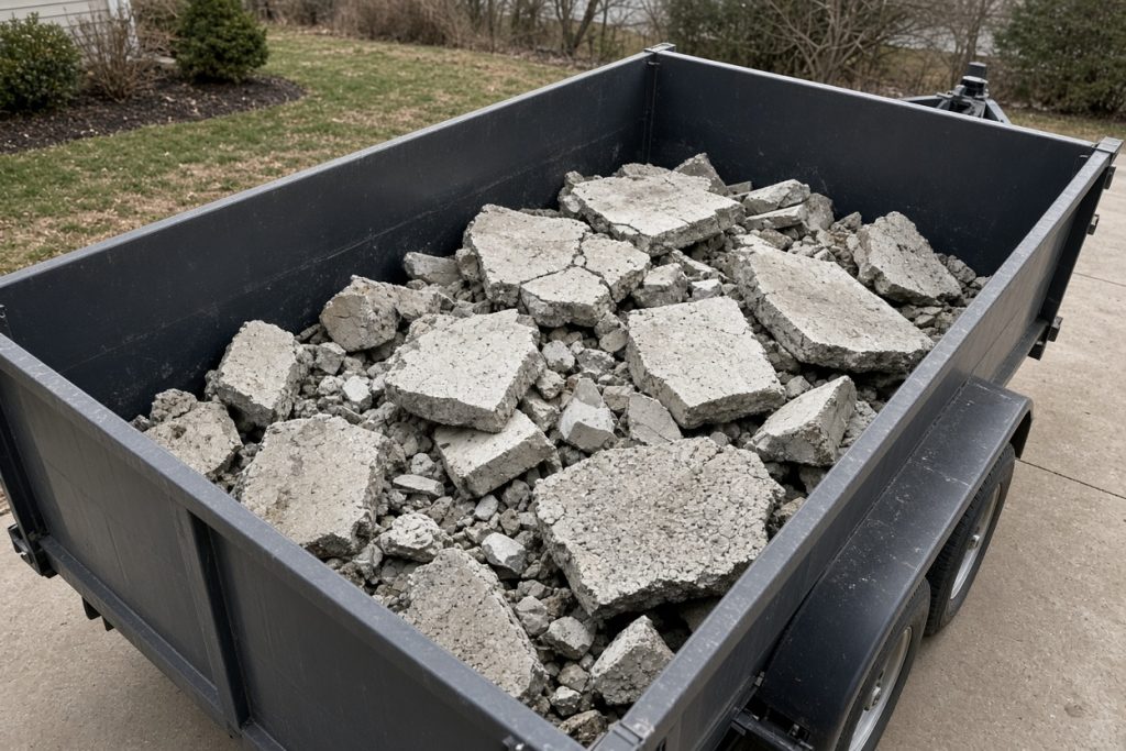 Broken concrete stacked in a dump trailer on a driveway — Concrete Demolition in South Haven