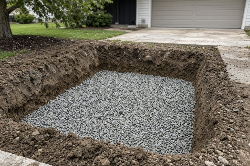 Open subgrade after a garage slab was removed, stone base visible — Concrete Demolition in Valparaiso