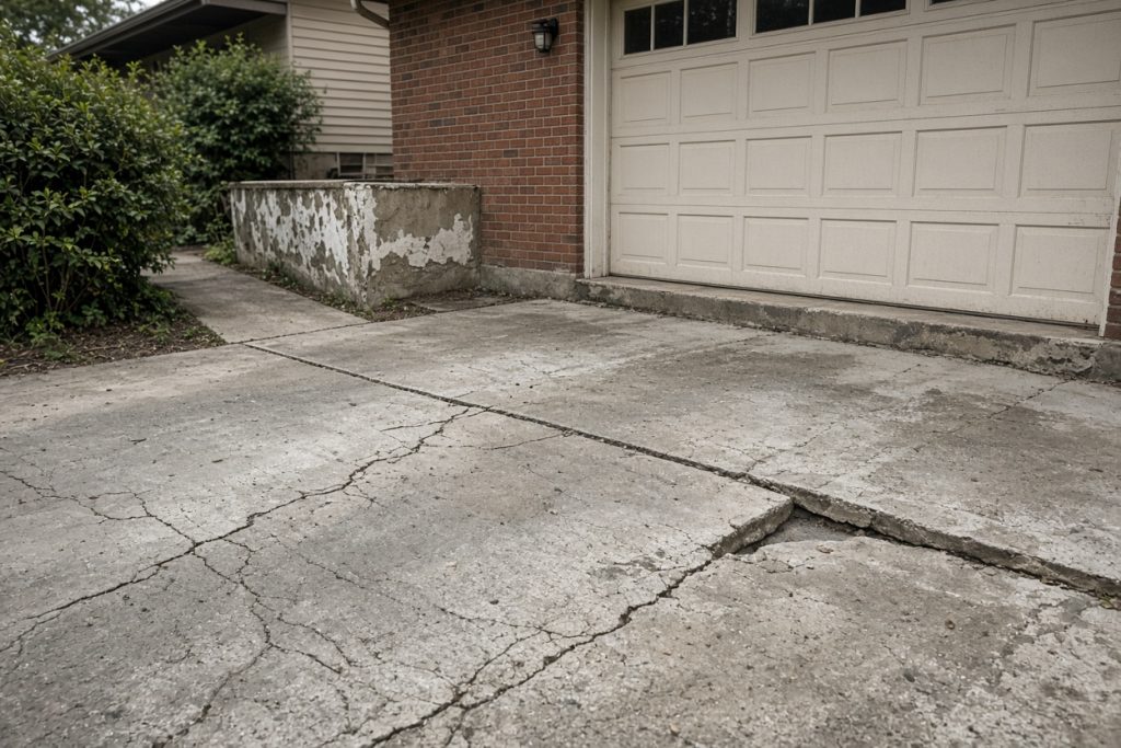 Cracked garage slab at an older home with a heaved joint near the door — Concrete Demolition in Valparaiso