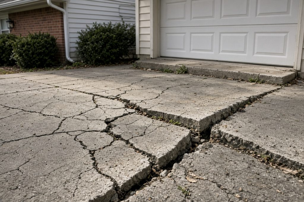 Cracked garage slab at an older home with a heaved joint near the door — Concrete Demolition in Valparaiso