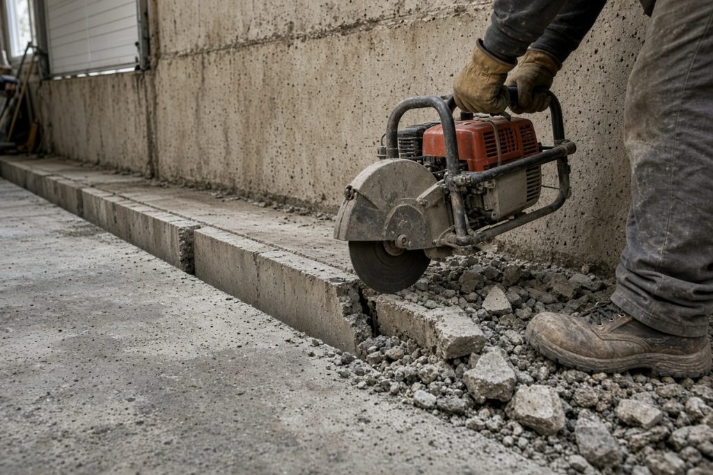 Workers breaking an old garage floor with a saw-cut along the wall — Concrete Demolition in Valparaiso