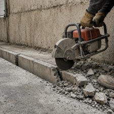 Workers breaking an old garage floor with a saw-cut along the wall — Concrete Demolition in Valparaiso