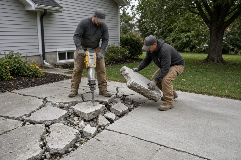 Crew breaking a cracked driveway slab with a jackhammer — Concrete Demolition in Wheeler