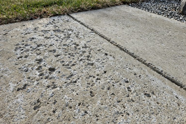 Salt-scaled driveway surface with pits beside a joint — Concrete Driveways in Cedar Lake