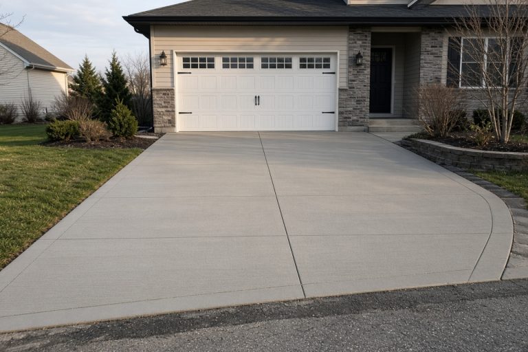 Finished broom-finish driveway leading to a closed garage — Concrete Driveways in Cedar Lake