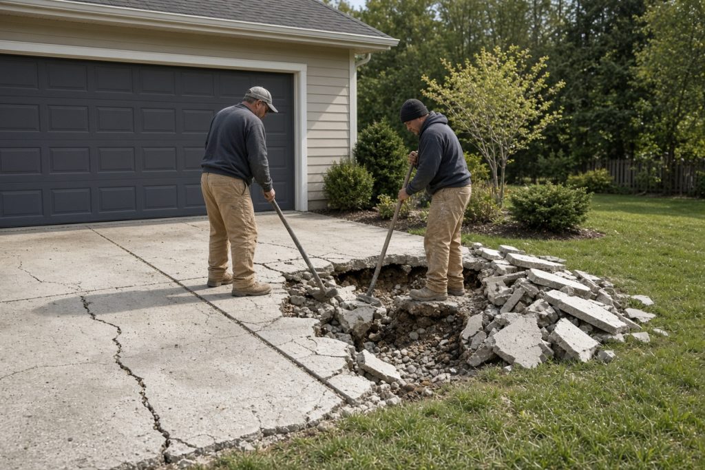 Crew breaking out a cracked driveway beside a garage — Concrete Driveways in Cedar Lake