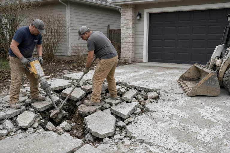 Crew breaking out a salt-scaled driveway by a garage - Concrete Driveways in Chesterton