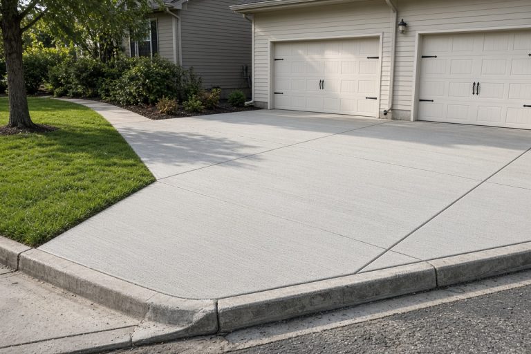 Finished broom driveway from garage to street in morning light - Concrete Driveways in Chesterton