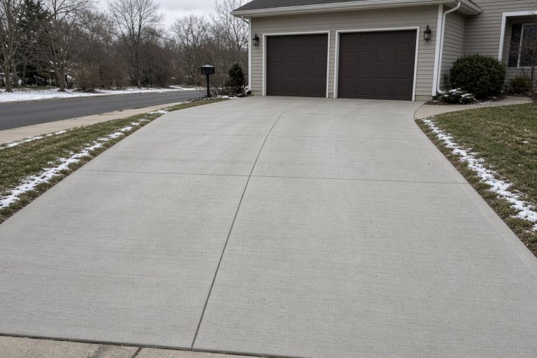 Finished broom-finish driveway at a Gary home in winter — Concrete Driveways in Gary