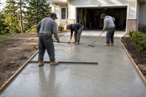 Crew pouring fresh concrete on a residential driveway — Concrete Driveways in Gary
