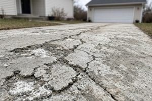 Scaled driveway with cracks and salt residue — Concrete Driveways in Lake Station