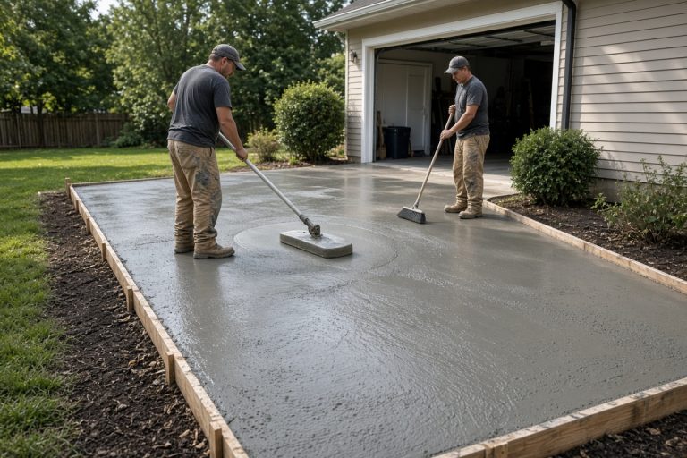 Crew finishing a wet concrete driveway beside a garage — Concrete Driveways in Lansing