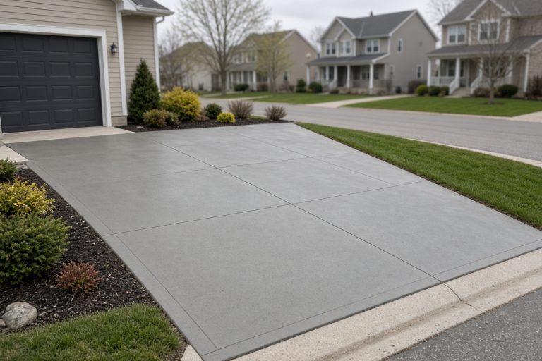 Finished gray concrete driveway from a garage to the curb — Concrete Driveways in Lansing