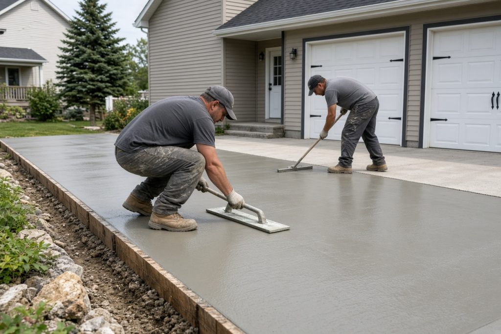 Workers finishing fresh concrete on a residential driveway — Concrete Driveways in Lowell