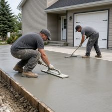 Workers finishing fresh concrete on a residential driveway — Concrete Driveways in Lowell