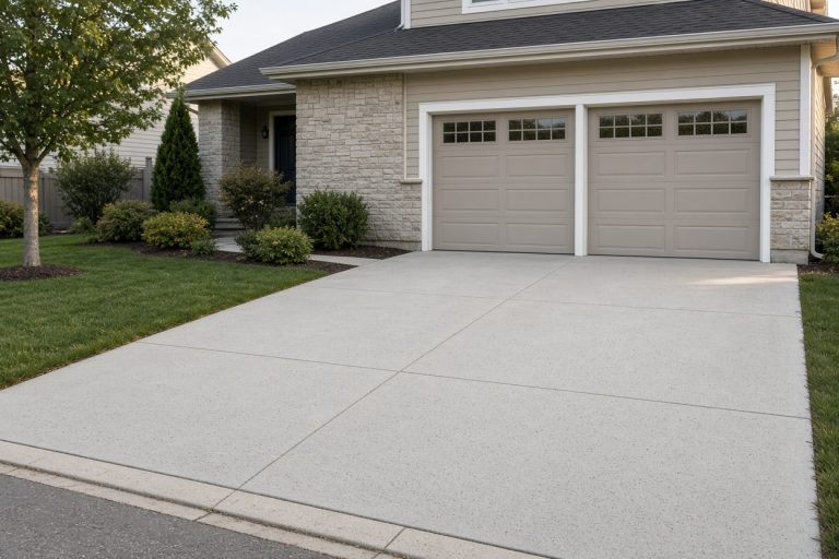 Smooth finished concrete driveway leading to a two-car garage — Concrete Driveways in Lowell