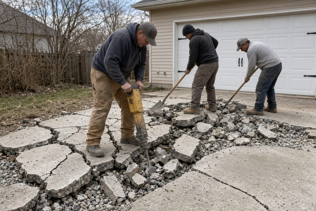 Crew breaking out a failed driveway slab before a new pour - Concrete Driveways in Michigan City