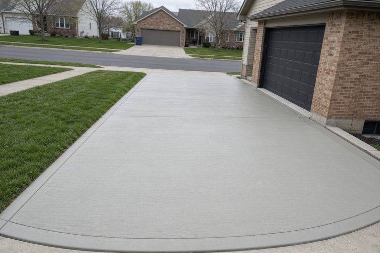 New broom-finish driveway and apron beside a garage - Concrete Driveways in Michigan City