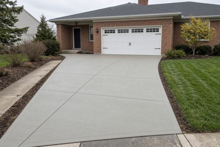 New broom-finished driveway at a brick ranch. Concrete Driveways in South Holland