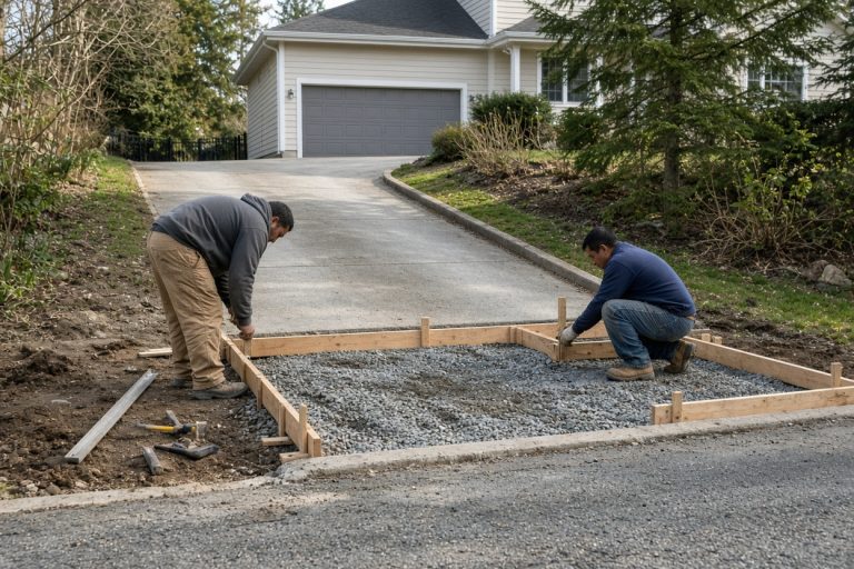 Crew setting forms for a new apron at the bottom of a sloped drive, Concrete Driveways in Valparaiso