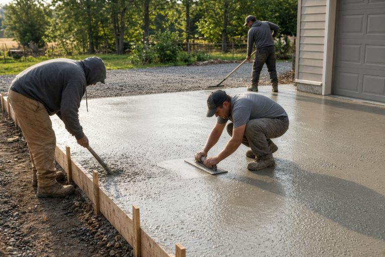 Crew forming a new driveway pour beside a garage — Concrete Driveways in Wheeler