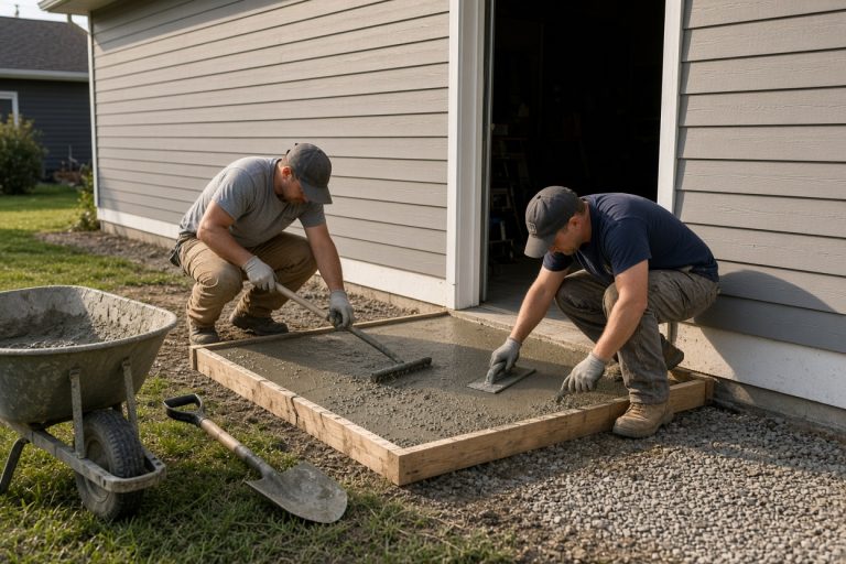 Crew pouring a small equipment pad next to a garage — Concrete Equipment Pads in Cedar Lake