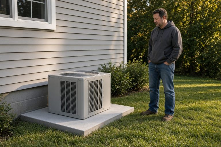 Level condenser on a finished pad beside a house — Concrete Equipment Pads in Cedar Lake