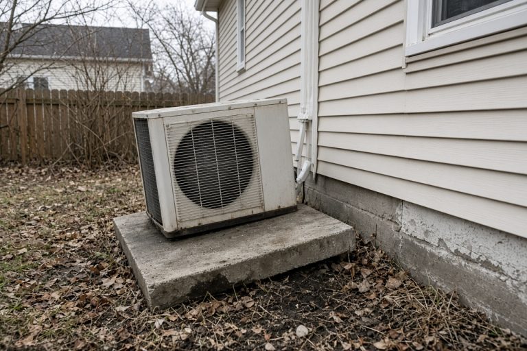 Tilted AC pad with one corner low in a side yard — Concrete Equipment Pads in Dyer