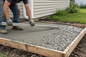 Crew pouring concrete into wood forms for a pad — Concrete Equipment Pads in Dyer