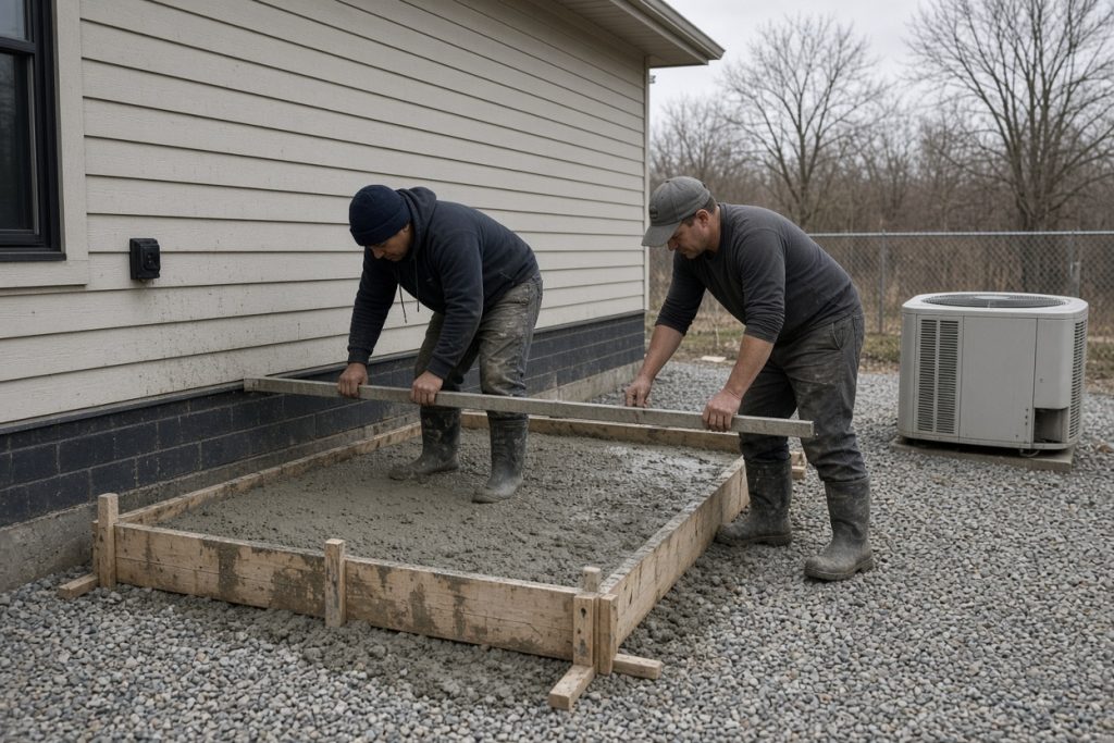 Crew leveling fresh concrete in pad forms — Concrete Equipment Pads in East Chicago
