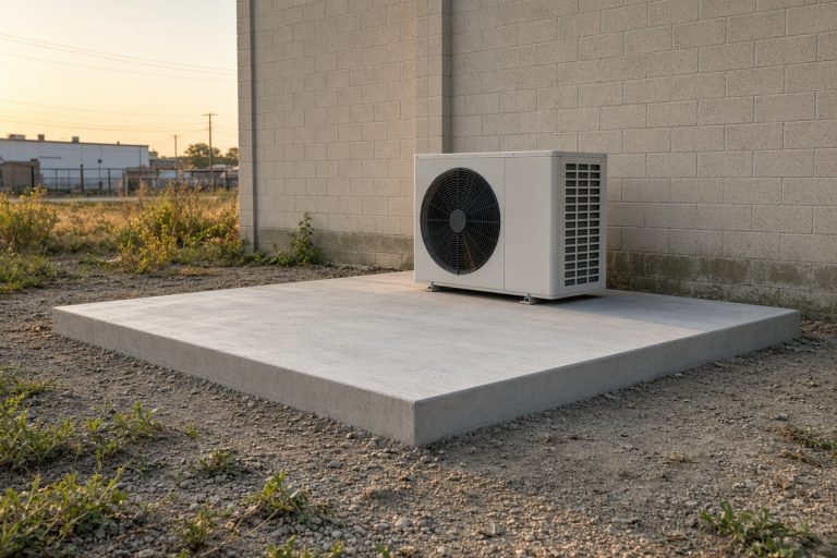 Finished level pad under a condenser unit — Concrete Equipment Pads in East Chicago