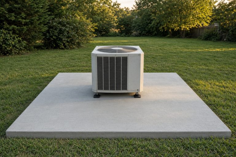 Finished level pad with a condenser in a backyard — Concrete Equipment Pads in Hammond