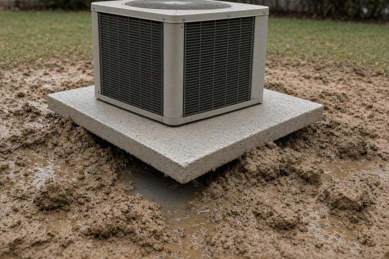 Tilted pad with a gap and pooled water at one corner — Concrete Equipment Pads in Hammond