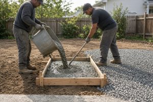 Crew pouring a small equipment pad into wood forms — Concrete Equipment Pads in Hammond