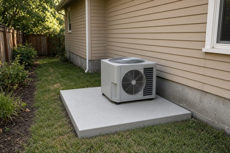 Level concrete pad under a side-yard air conditioner — Concrete Equipment Pads in Highland