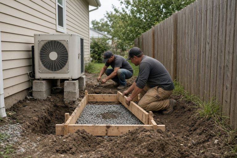 Crew forming a new pad beside a ranch-house condenser — Concrete Equipment Pads in Highland