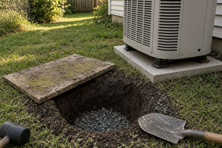 Old thin pad pulled aside with clay and stone base exposed — Concrete Equipment Pads in Munster