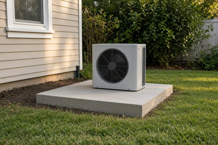 Level concrete pad under an outdoor condenser in a backyard — Concrete Equipment Pads in Munster