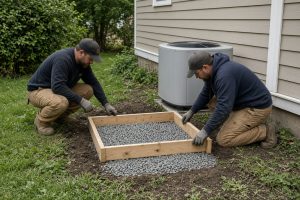 Workers setting wood forms for a pad beside a condenser — Concrete Equipment Pads in Munster