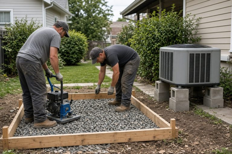 Crew compacting stone inside forms for a generator pad — Concrete Equipment Pads in St. John