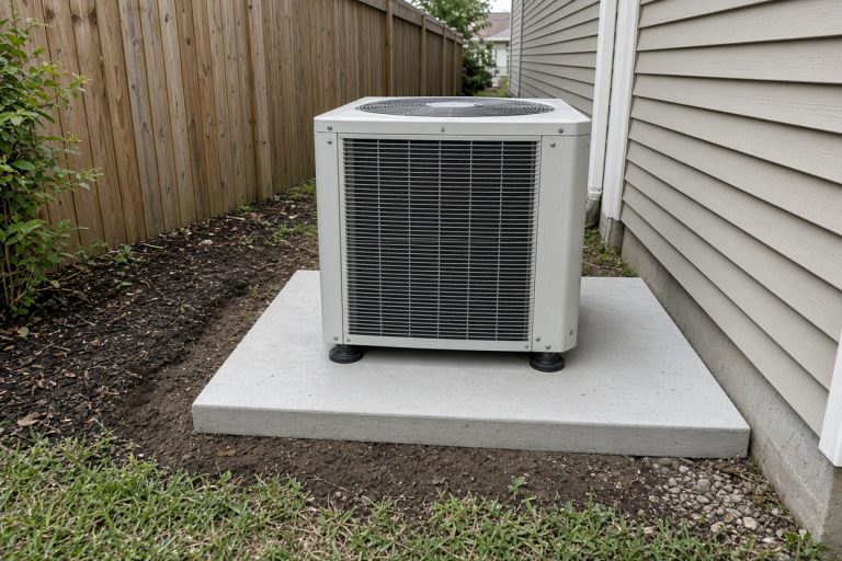 Level concrete pad under a side-yard condenser — Concrete Equipment Pads in St. John