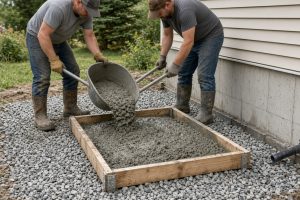 Crew pouring a small equipment pad on stone — Concrete Equipment Pads in Wheeler
