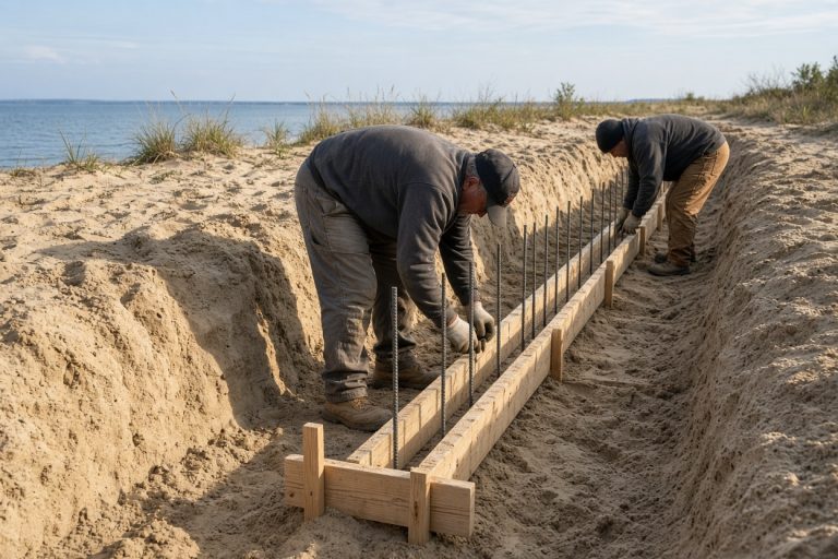 Crew forming a footing in lakeshore sand - Concrete Foundations in Burns Harbor