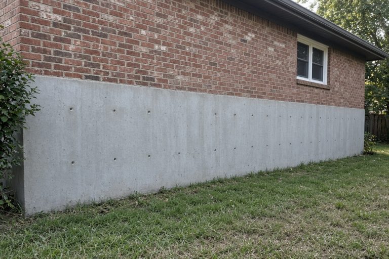 Finished poured foundation wall along an older brick house — Concrete Foundations in Gary