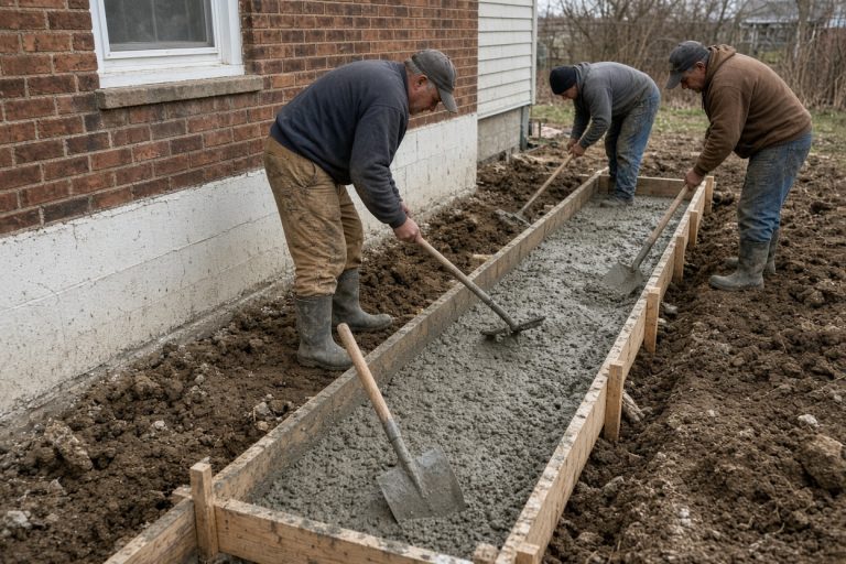 Crew pouring wet concrete into a footing form beside an older house — Concrete Foundations in Gary