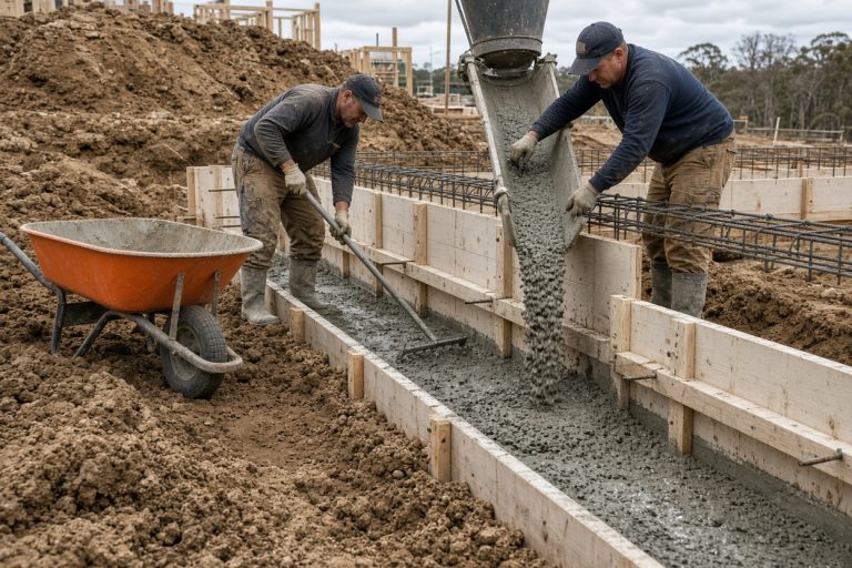 Crew placing concrete in foundation wall forms — Concrete Foundations in Hobart