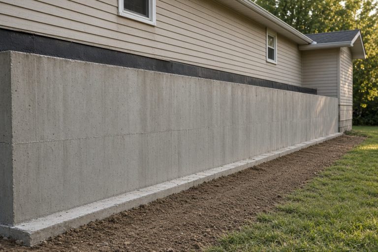 Finished foundation wall with even grade beside an older house — Concrete Foundations in Lake Station